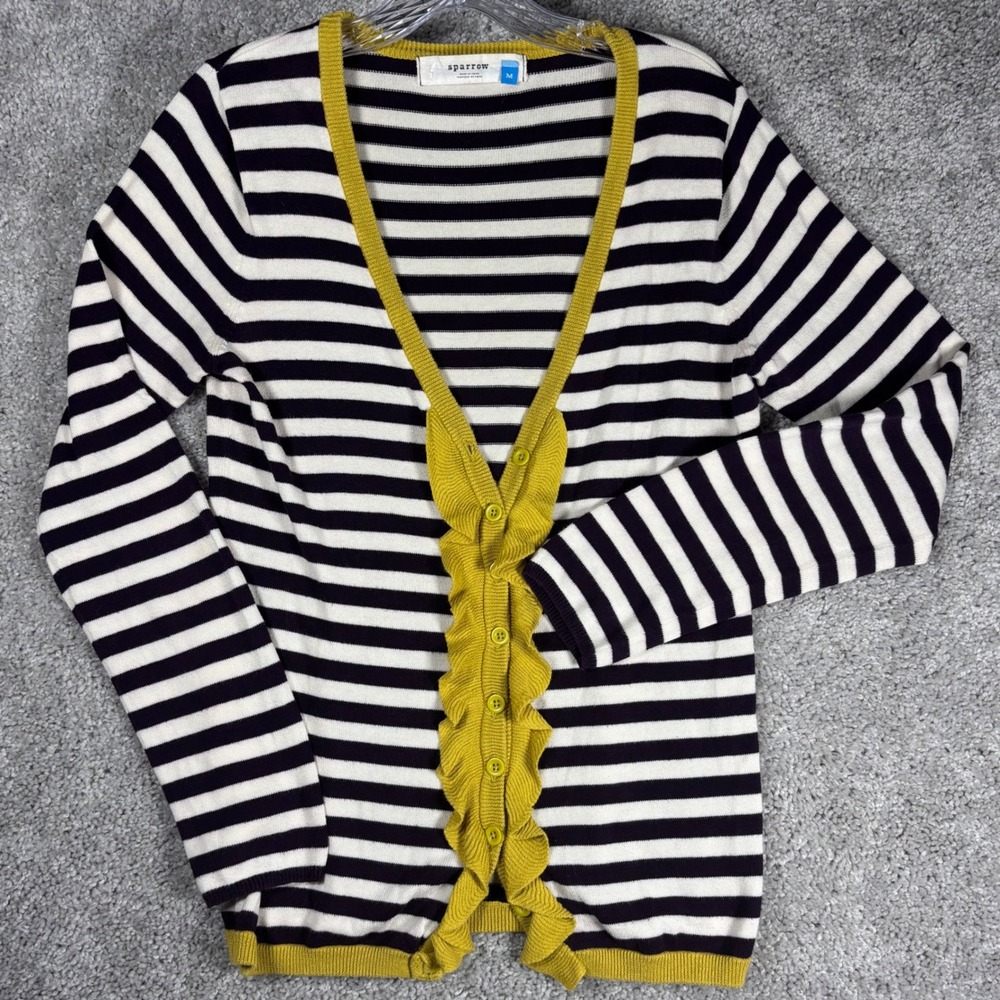 Sparrow Women's Striped Ruffle Cardigan Mustard Yellow Navy White Size Medium